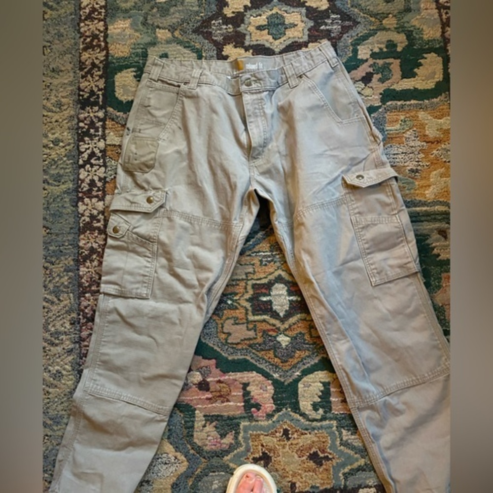 Carhartt Carpenter Pants Sage Tan Canvas Baggy Fit Dungarees Work Wear Leather